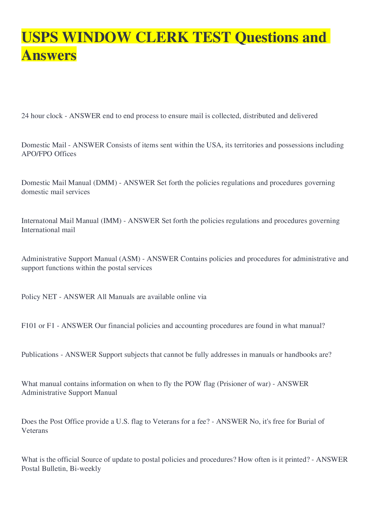 Preview of USPS WINDOW CLERK TEST Questions and Answers